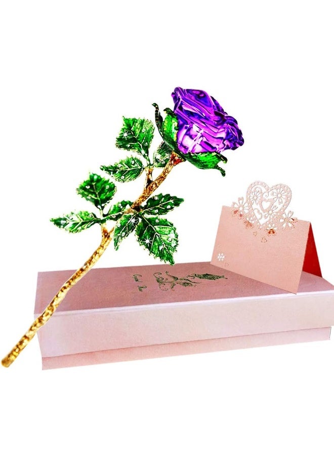 SWEETIME Purple Rose Gift for Her, Crystal Rose Flower with Gift Card, Galaxy Rose with Green Leaves, K9 Glass Rose Infinity Flower, Unique Gift for Women on Thanksgiving Day, Christmas, Wedding, Anniversary - Image 1