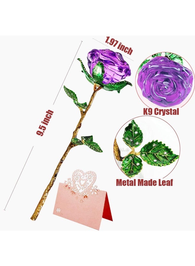SWEETIME Purple Rose Gift for Her, Crystal Rose Flower with Gift Card, Galaxy Rose with Green Leaves, K9 Glass Rose Infinity Flower, Unique Gift for Women on Thanksgiving Day, Christmas, Wedding, Anniversary - Image 3