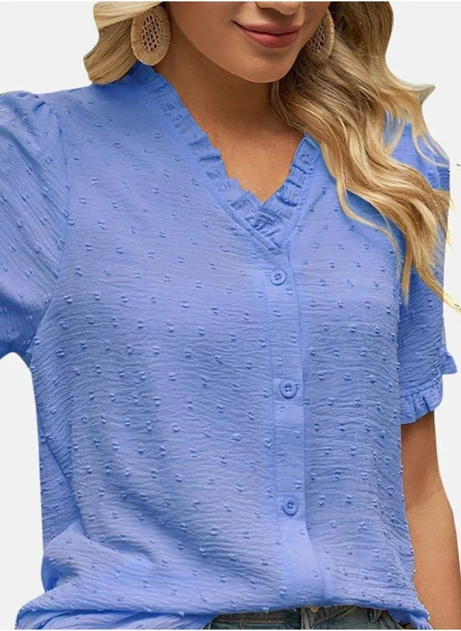 YUNIQEE Blue V Neck Half Sleeve Tops