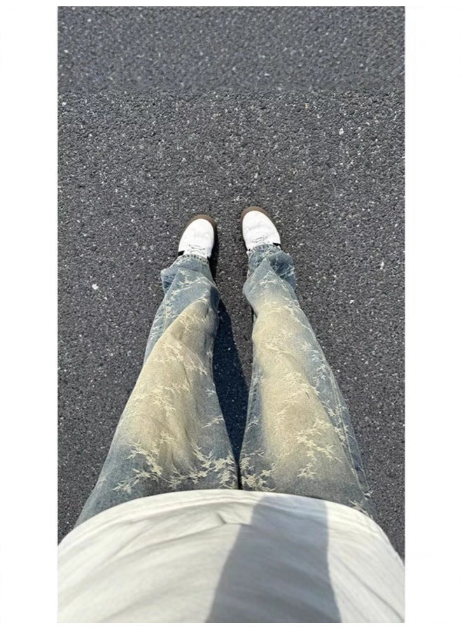 Retro Blue Jacquard Washed Distressed Jeans Men's Autum New 2025 Design American High Street Straight Pants