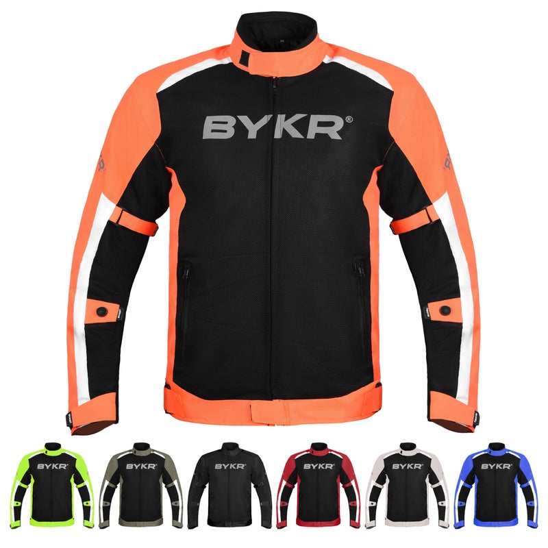 BYKR Mesh Motorcycle Jacket For Men Dual Sports Adventure Breathable Air Racing Bikers Riding Powersports Protective Motorbike Jackets Enduro CE Armored Red Medium