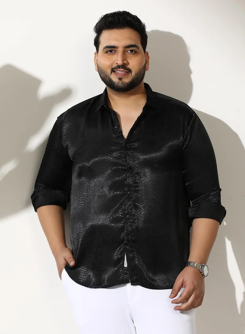 Instafab Plus Men Reptilia Satin-Jacquard Shirt | Spread Collar, Long Button-Cuff Sleeves | Button, Curved Hem | Solid Jacquard Woven Fabric For Evening & Party | Onyx Black