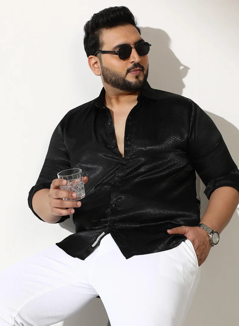 Instafab Plus Men Reptilia Satin-Jacquard Shirt | Spread Collar, Long Button-Cuff Sleeves | Button, Curved Hem | Solid Jacquard Woven Fabric For Evening & Party | Onyx Black