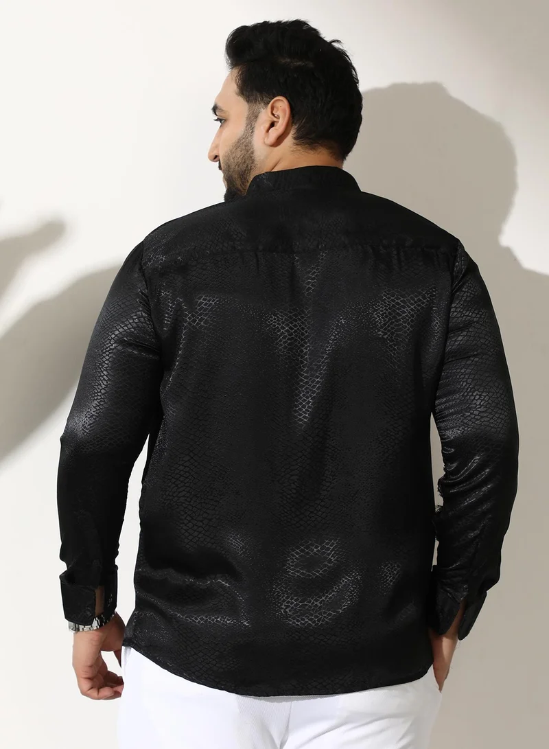 Instafab Plus  Men Reptilia Satin-Jacquard Shirt | Spread Collar, Long Button-Cuff Sleeves | Button, Curved Hem | Solid Jacquard Woven Fabric For Evening & Party | Onyx Black for Men | Best Price UAE