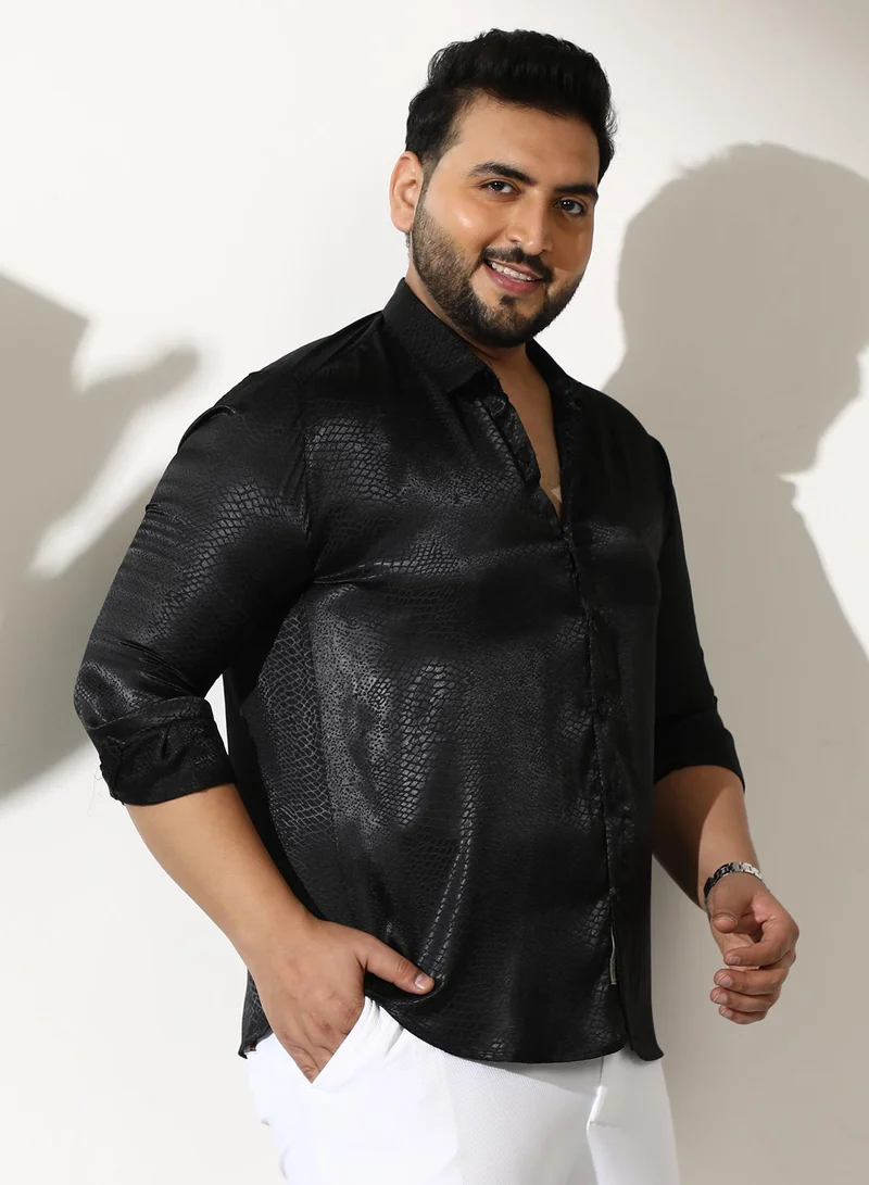Instafab Plus  Men Reptilia Satin-Jacquard Shirt | Spread Collar, Long Button-Cuff Sleeves | Button, Curved Hem | Solid Jacquard Woven Fabric For Evening & Party | Onyx Black for Men | Best Price UAE