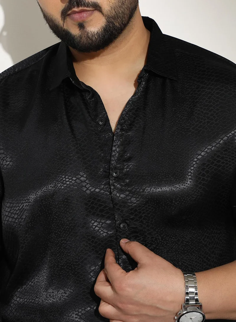 Instafab Plus  Men Reptilia Satin-Jacquard Shirt | Spread Collar, Long Button-Cuff Sleeves | Button, Curved Hem | Solid Jacquard Woven Fabric For Evening & Party | Onyx Black for Men | Best Price UAE