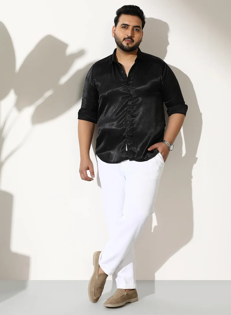 Instafab Plus  Men Reptilia Satin-Jacquard Shirt | Spread Collar, Long Button-Cuff Sleeves | Button, Curved Hem | Solid Jacquard Woven Fabric For Evening & Party | Onyx Black for Men | Best Price UAE