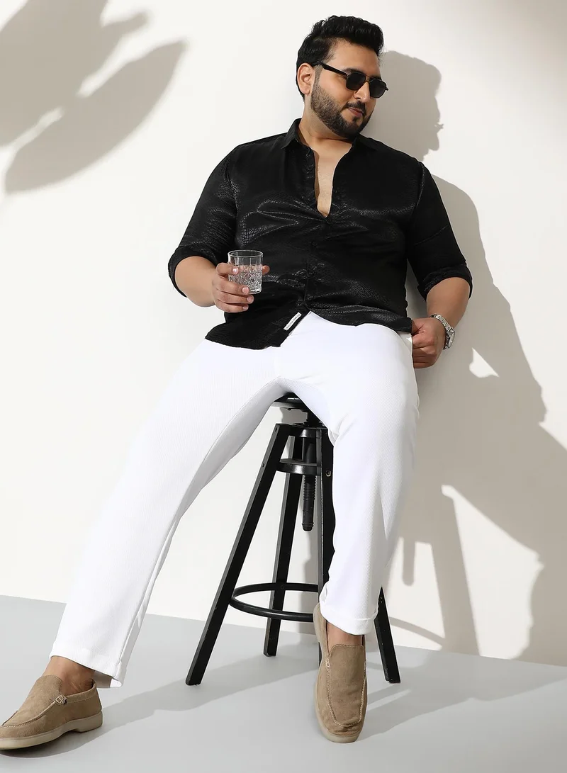 Instafab Plus  Men Reptilia Satin-Jacquard Shirt | Spread Collar, Long Button-Cuff Sleeves | Button, Curved Hem | Solid Jacquard Woven Fabric For Evening & Party | Onyx Black for Men | Best Price UAE