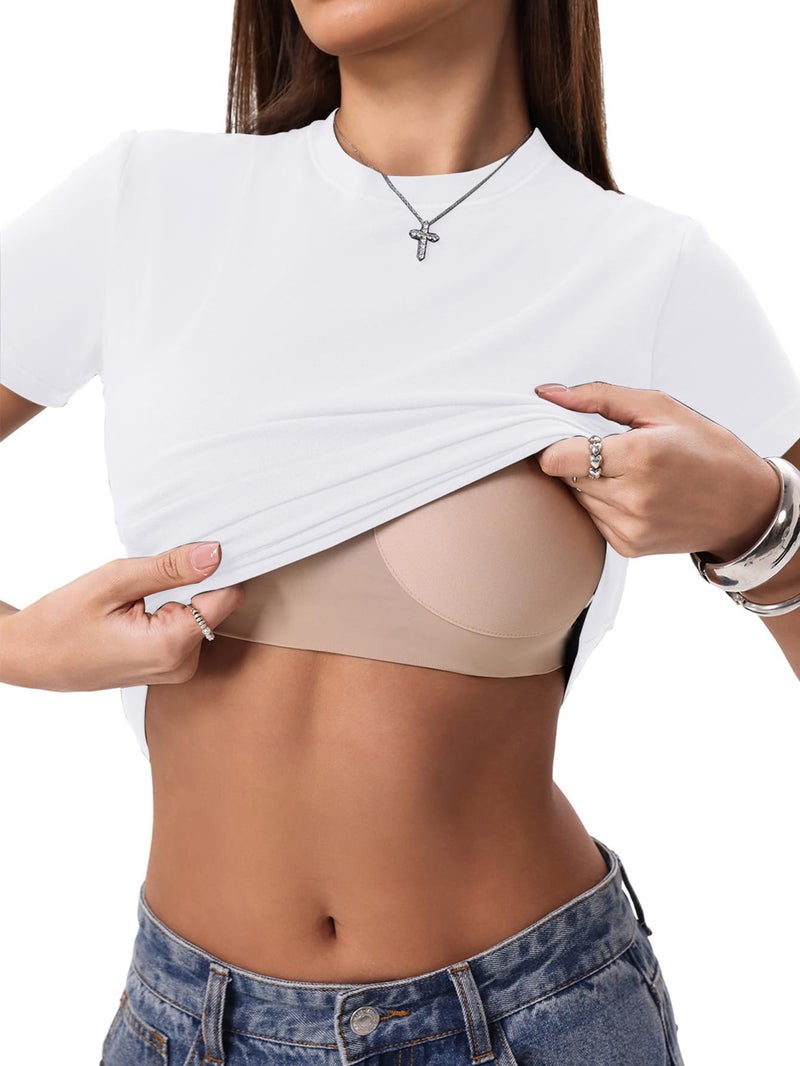 Danysu Short Sleeve Tops for Women with Built in Bra Cotton Jersey Crop Shirts Slim Fit Basic Gym Workout Tee White Small - Image 2
