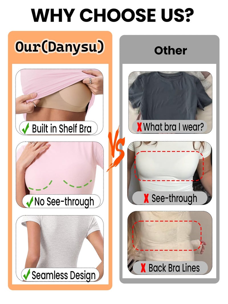 Danysu Short Sleeve Tops for Women with Built in Bra Cotton Jersey Crop Shirts Slim Fit Basic Gym Workout Tee White Small - Image 4