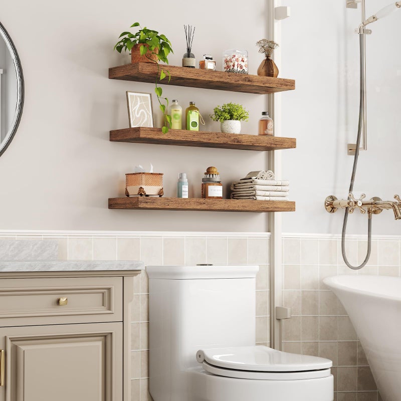 RALGEND Floating Shelves for Wall, 1.5" Thick Wall Shelf Set of 3 with Invisible Brackets, L31.5 x W7.9 Hanging Shelves Farmhouse Home Decor for Bathroom, Living Room, Bedroom, Rustic Brown 8301BJP3BF - Image 2