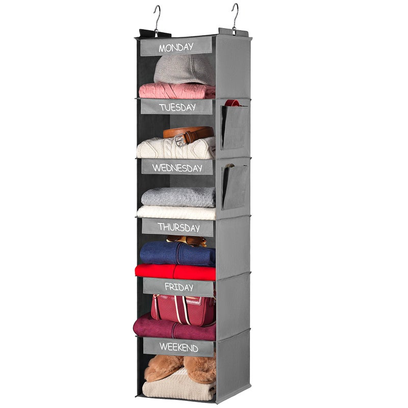 Handy Laundry Weekly Clothes Organizer for Kids 6Shelf Hanging Closet Daily Clothing Organization Labeled Shelves with Days of The Week Monday Through Friday Weekday and Weekend Grey