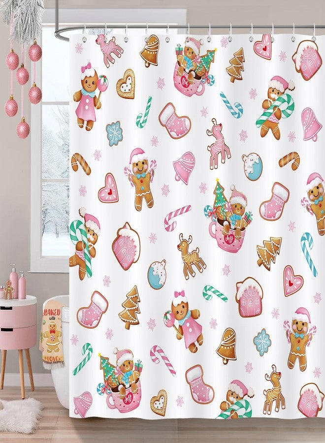 Bonhause Christmas Gingerbread Shower Curtain, Pink Candy Cane Mitten House Winter Holiday Bathroom Decor 72 x 72 Inch Polyester Fabric Waterproof Bath Curtain with 12 Hooks - Image 2