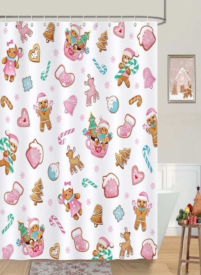 Bonhause Christmas Gingerbread Shower Curtain, Pink Candy Cane Mitten House Winter Holiday Bathroom Decor 72 x 72 Inch Polyester Fabric Waterproof Bath Curtain with 12 Hooks - Image 1