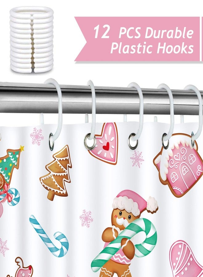 Bonhause Christmas Gingerbread Shower Curtain, Pink Candy Cane Mitten House Winter Holiday Bathroom Decor 72 x 72 Inch Polyester Fabric Waterproof Bath Curtain with 12 Hooks - Image 3