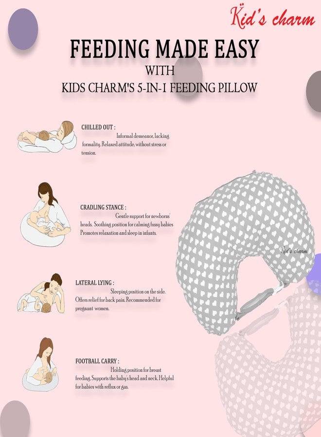 Kid's Charm وسادة رضاعة الأطفال حديثي الولادة من كيدز تشارم، بتصميم قلب كبير صغير محمول، 6 في 1، مناسبة للأطفال من عمر 0 إلى 4 أشهر، مزودة بغطاء قابل للإزالة، مصنوعة من القطن (رمادي). - Image 4