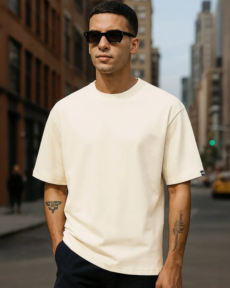 bewakoof Men's Off White Oversized T-shirt