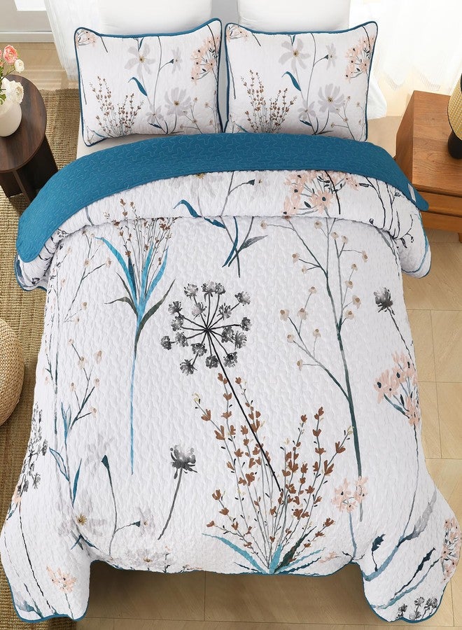 Dobuyly Teal Quilt California King Size Floral Botanical King Quilt Bedding Set 3 Pieces Soft Lightweight Microfiber Flower Bedspread Coverlet Set for All Season, 112"x96" - Image 3
