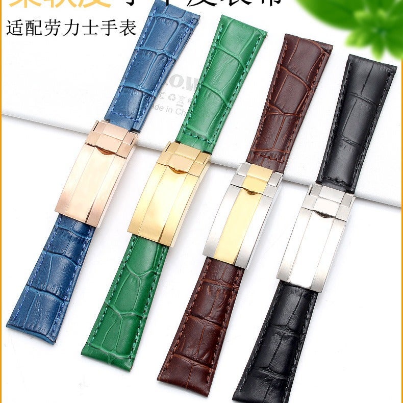 Generic Double-Sided Leather Watch Strap for Rolex Green + Rose Gold Buckle