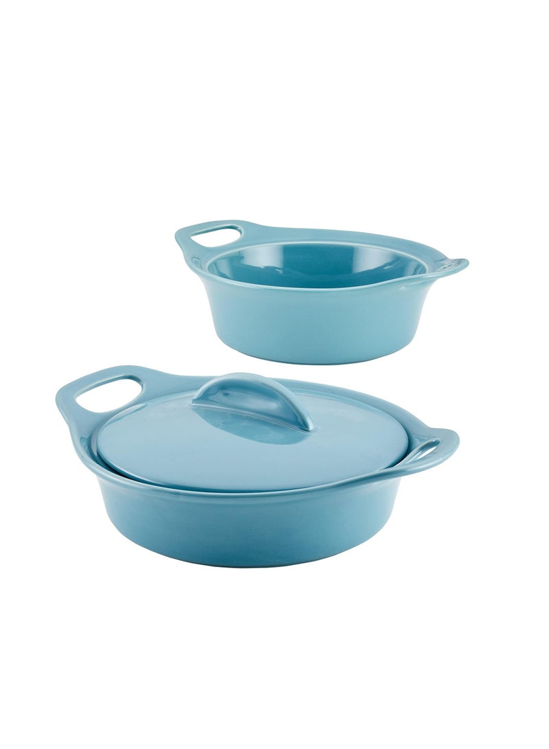 Rachael Ray Solid Glaze Ceramics Casserole Bakeware/Baker Set with Shared Lid, 3 Piece, Agave Blue - Image 1