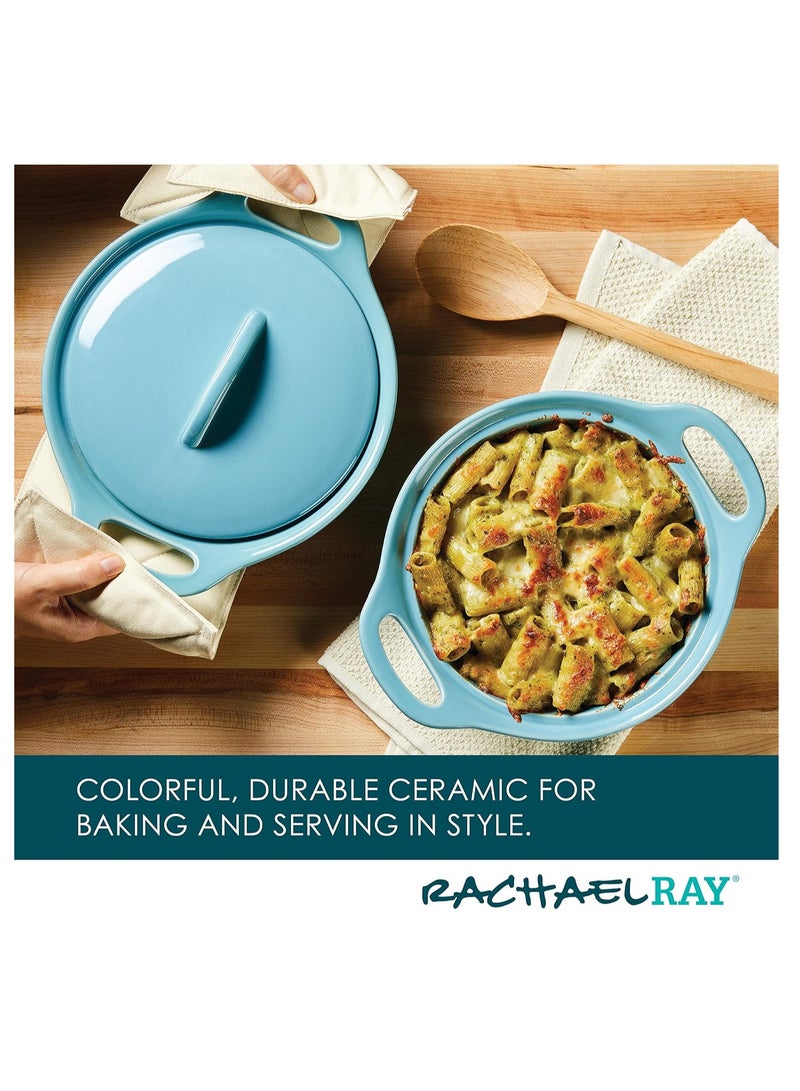 Rachael Ray Solid Glaze Ceramics Casserole Bakeware/Baker Set with Shared Lid, 3 Piece, Agave Blue - Image 2