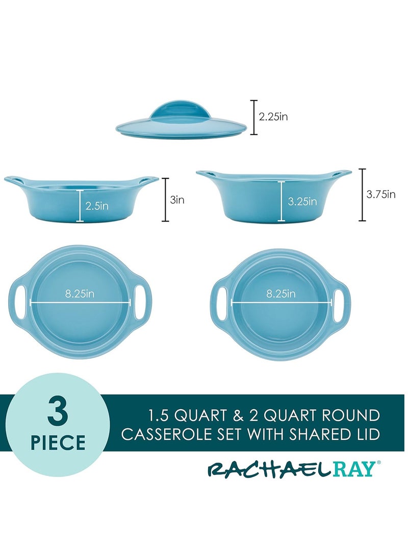 Rachael Ray Solid Glaze Ceramics Casserole Bakeware/Baker Set with Shared Lid, 3 Piece, Agave Blue - Image 4