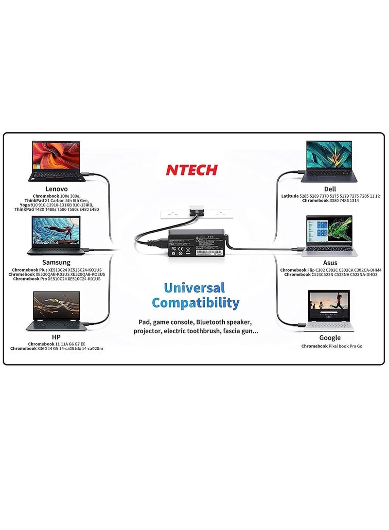 Ntech شاحن لابتوب بديل USB Type-C 65W/45W PD لجهاز DELL XPS 12 XPS 13 9360 9370 9333 Inspiron 14 (7437) Lenovo/ThinkPad X1 Carbon T470S/T480 4X20M26252 4X20M26268 ADLX65YDC2A كابل مزود بالطاقة - Image 2