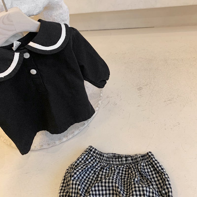 2024 Fall Korean Baby Nautical Check Top and Shorts Set Black suit 