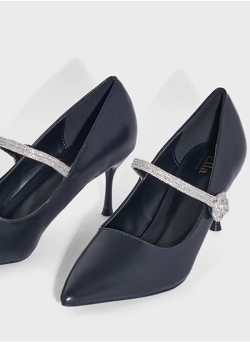 ELLA Floral Diamante Strap Pointy Pump
