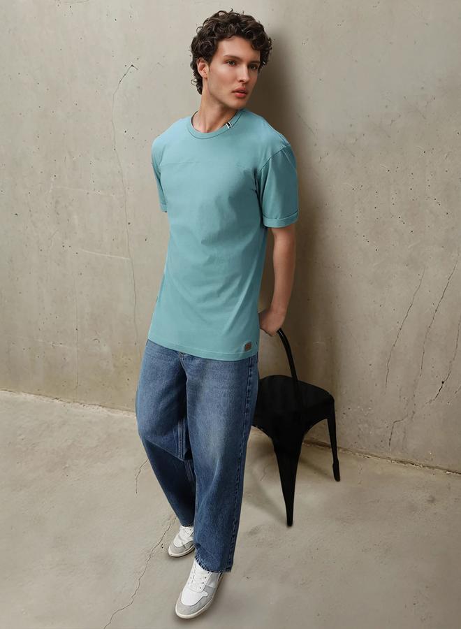 HIGH STAR Men'S Blue 100% Cotton Solid Pattern Relaxed T-Shirt - Image 1