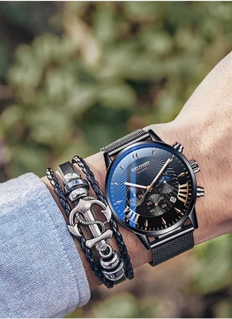 Belushi Mens Watch Fashion Black Dial Analog Quartz Waterproof Business Calendar Stainless Steel Mesh Belt Wrist Watch  - Image 2