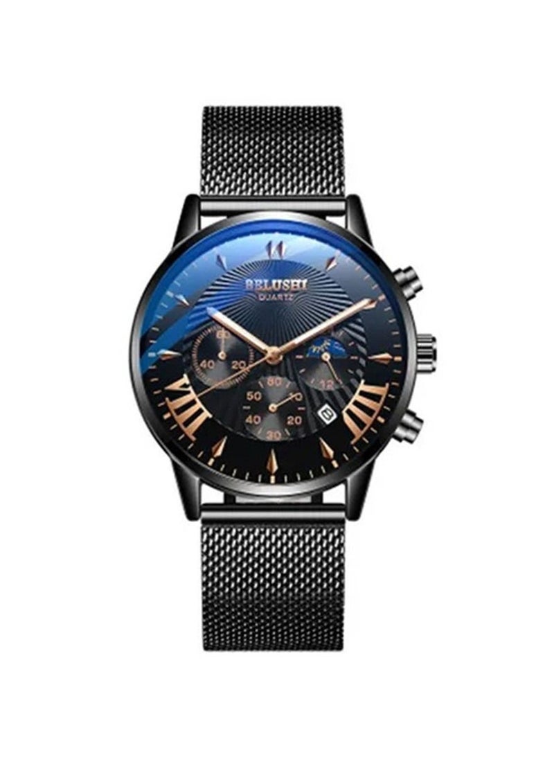 Belushi Mens Watch Fashion Black Dial Analog Quartz Waterproof Business Calendar Stainless Steel Mesh Belt Wrist Watch  - Image 1