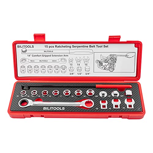 BILITOOLS 15-Piece Universal Serpentine Belt Tool Set, Ratcheting Serpentine Belt Tensioner Tool Kit - Image 1