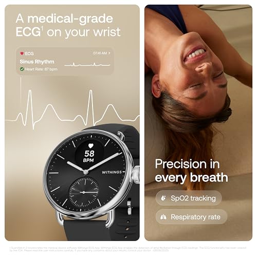 Withings ScanWatch 2, Heart Health Hybrid Smartwatch for Men & Women - ECG, with SPO2, Temperature Monitoring, Sleep, Respiratory Health, Cycle Monitoring, 30-Day Battery Life, iOS & Android (Black) - Image 5