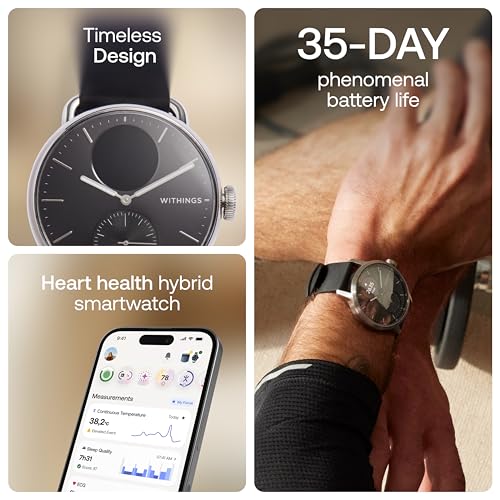 Withings ScanWatch 2, Heart Health Hybrid Smartwatch for Men & Women - ECG, with SPO2, Temperature Monitoring, Sleep, Respiratory Health, Cycle Monitoring, 30-Day Battery Life, iOS & Android (Black) - Image 3
