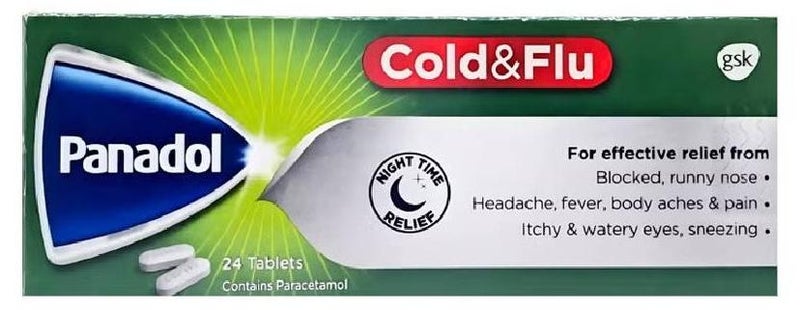 Panadol Cold & Flu 24 Caplets (Green), Blocked, Runny Nose, Headached, Fever, Bodyached & Pain, Itchy, Watery Eyes, Sneezing