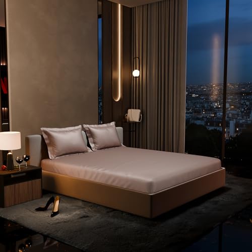 Stoa Paris 300TC UltraSatin Super King Bedsheet Set, 10” Drop Fitted Bedsheet with 2 Pillow Covers, Hypoallergenic, Wrinkle Free, Aesthetic Bedding, Home Decor, Gift, Date Night - Champagne - Image 1