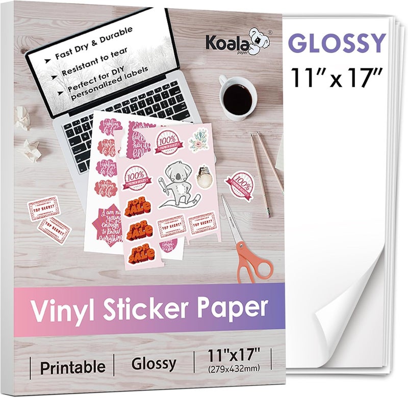 KOALA PAPER Printable Vinyl Sticker Paper 11x17 Inch - 10 Sheets White Glossy Sticker, Waterproof, Tear-Resistant, Removable - Image 1
