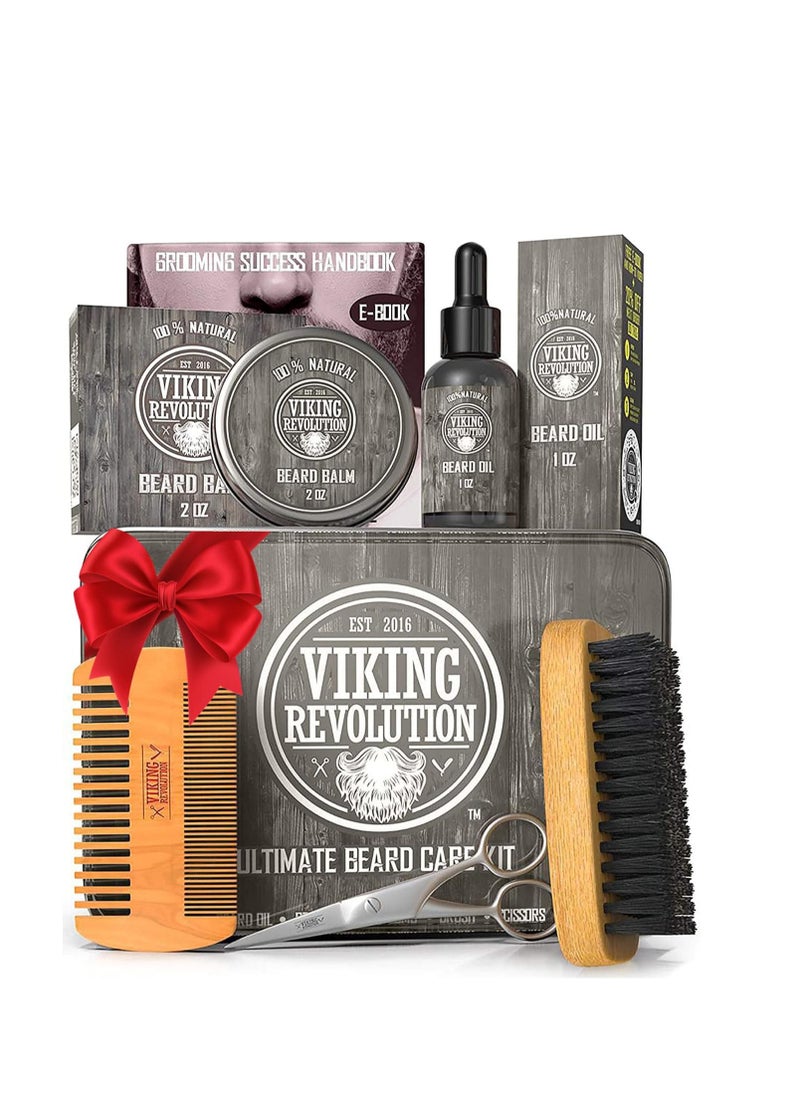 Viking Revolution Viking Revolution Beard Care Kit for Men - Kit includes 100% Boar Beard Brush, Wooden Comb, Beard Balm, Beard Oil, Beard & Mustache Scissors in a Metal Box  - Image 1