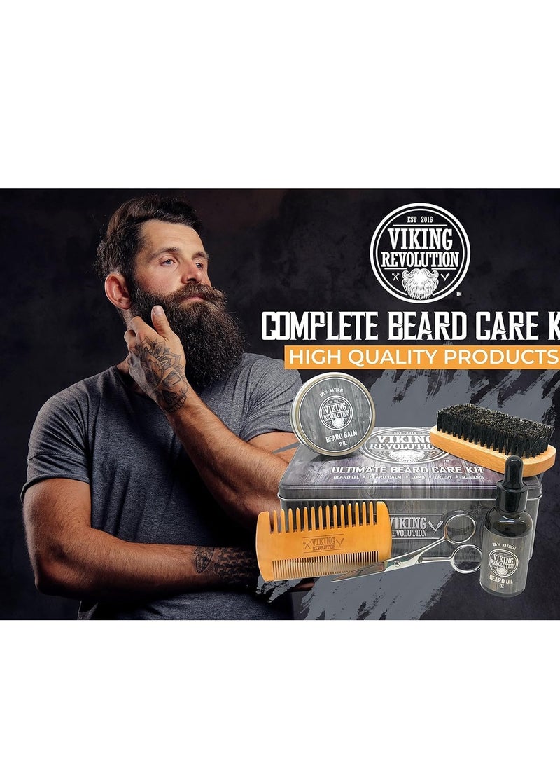 Viking Revolution Viking Revolution Beard Care Kit for Men - Kit includes 100% Boar Beard Brush, Wooden Comb, Beard Balm, Beard Oil, Beard & Mustache Scissors in a Metal Box  - Image 2