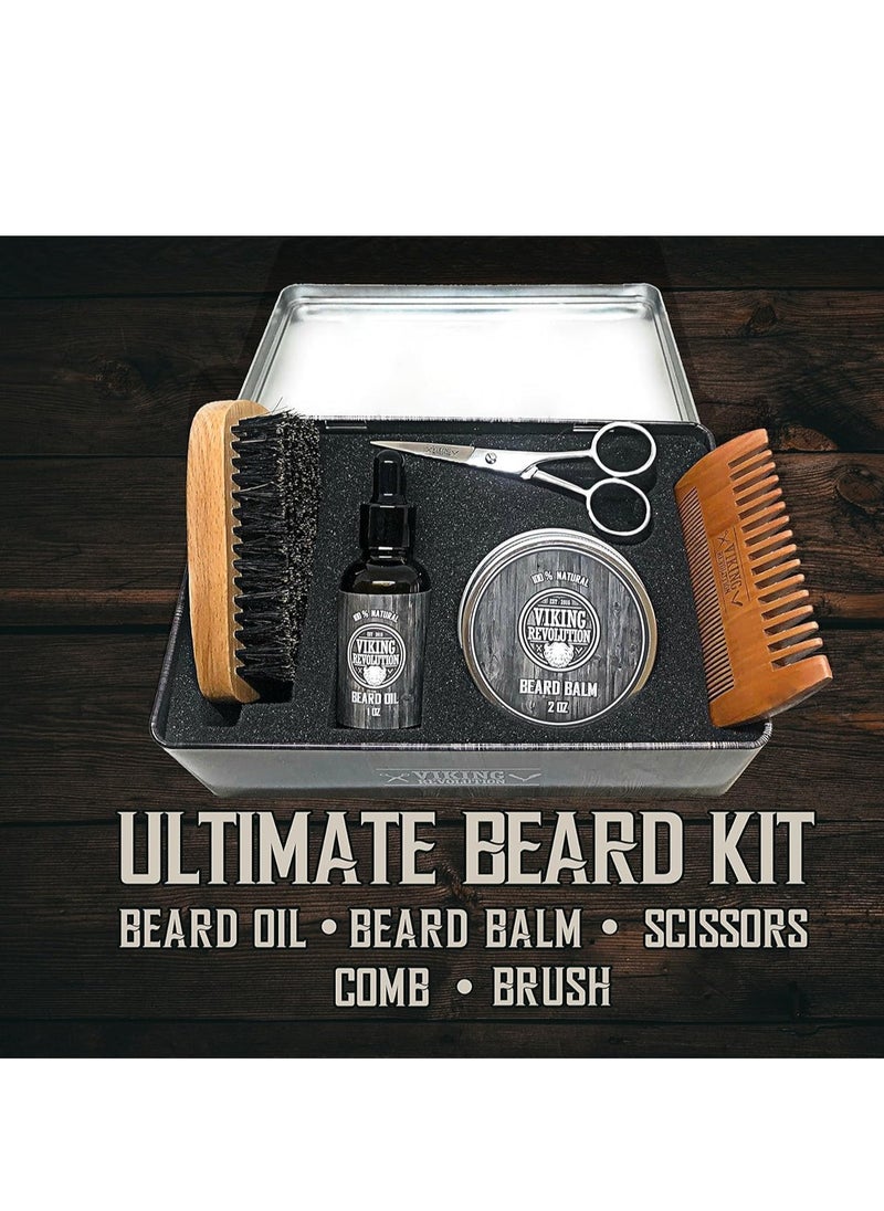 Viking Revolution Viking Revolution Beard Care Kit for Men - Kit includes 100% Boar Beard Brush, Wooden Comb, Beard Balm, Beard Oil, Beard & Mustache Scissors in a Metal Box  - Image 3