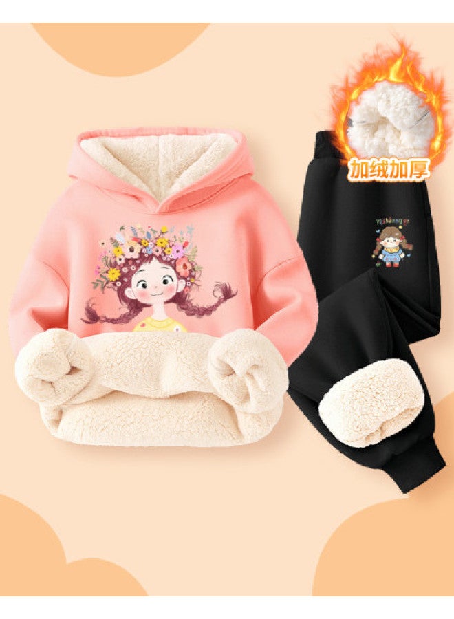YISHUANGER Girl's Fleece Hooded Jacket And Sweatpants Two-piece Set, Winter Outfit For Babies, Thickened Hoodie And Outerwear Suit - Image 1