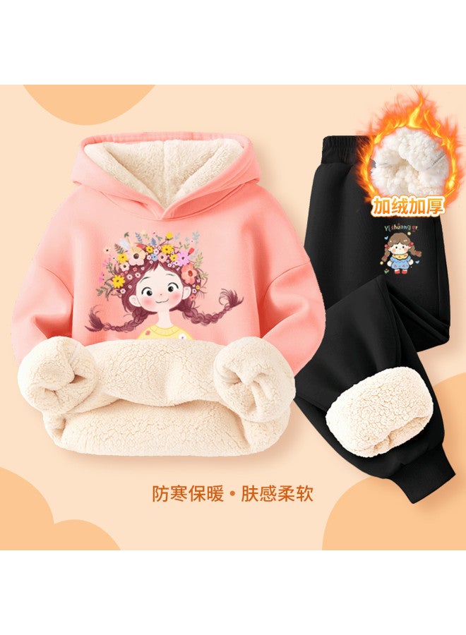 YISHUANGER Girl's Fleece Hooded Jacket And Sweatpants Two-piece Set, Winter Outfit For Babies, Thickened Hoodie And Outerwear Suit - Image 2