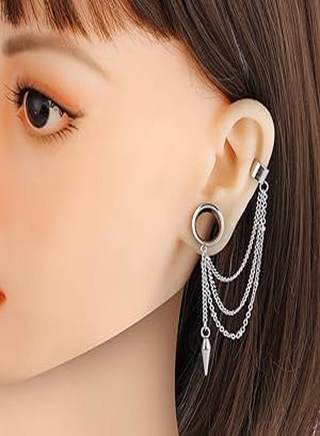 Earblity 2PCS 6mm-25mm (2G-1") Trendy Cuff Clip Triple Chain Dangle Ear Plugs Gauges Screw Ear Tunnels for Women Men Hypoallergenic 316 Stainless Steel Ear Body Piercing Jewelry - Image 4