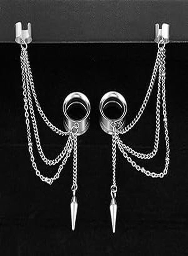 Earblity 2PCS 6mm-25mm (2G-1") Trendy Cuff Clip Triple Chain Dangle Ear Plugs Gauges Screw Ear Tunnels for Women Men Hypoallergenic 316 Stainless Steel Ear Body Piercing Jewelry - Image 2