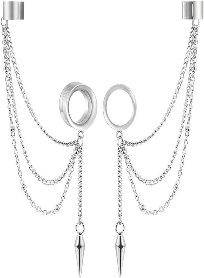 Earblity 2PCS 6mm-25mm (2G-1") Trendy Cuff Clip Triple Chain Dangle Ear Plugs Gauges Screw Ear Tunnels for Women Men Hypoallergenic 316 Stainless Steel Ear Body Piercing Jewelry - Image 1