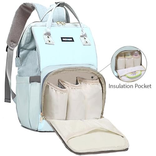 PACKNBUY Baby Diaper Bag Backpack for Travel, Large Maternity Hospital Bag with Multiple Pockets, Water Resistant Mother Bag with Insulated Bottle Pockets for Newborn Baby Essentials (Grey Light Blue) - Image 3
