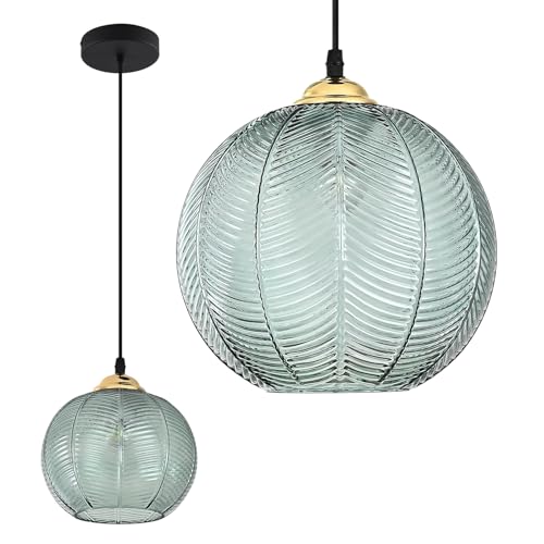 KCO Lighting Single Green Glass Pendant Light Large Globe Pendant Lighting Nordic Ribbed Ceiling Hanging Chandelier Light Vintage Dining Room Kitchen Island Light Fixture - Image 1