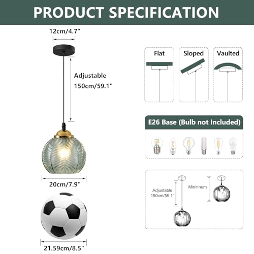 KCO Lighting Single Green Glass Pendant Light Large Globe Pendant Lighting Nordic Ribbed Ceiling Hanging Chandelier Light Vintage Dining Room Kitchen Island Light Fixture - Image 2