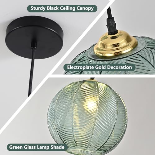 KCO Lighting Single Green Glass Pendant Light Large Globe Pendant Lighting Nordic Ribbed Ceiling Hanging Chandelier Light Vintage Dining Room Kitchen Island Light Fixture - Image 3